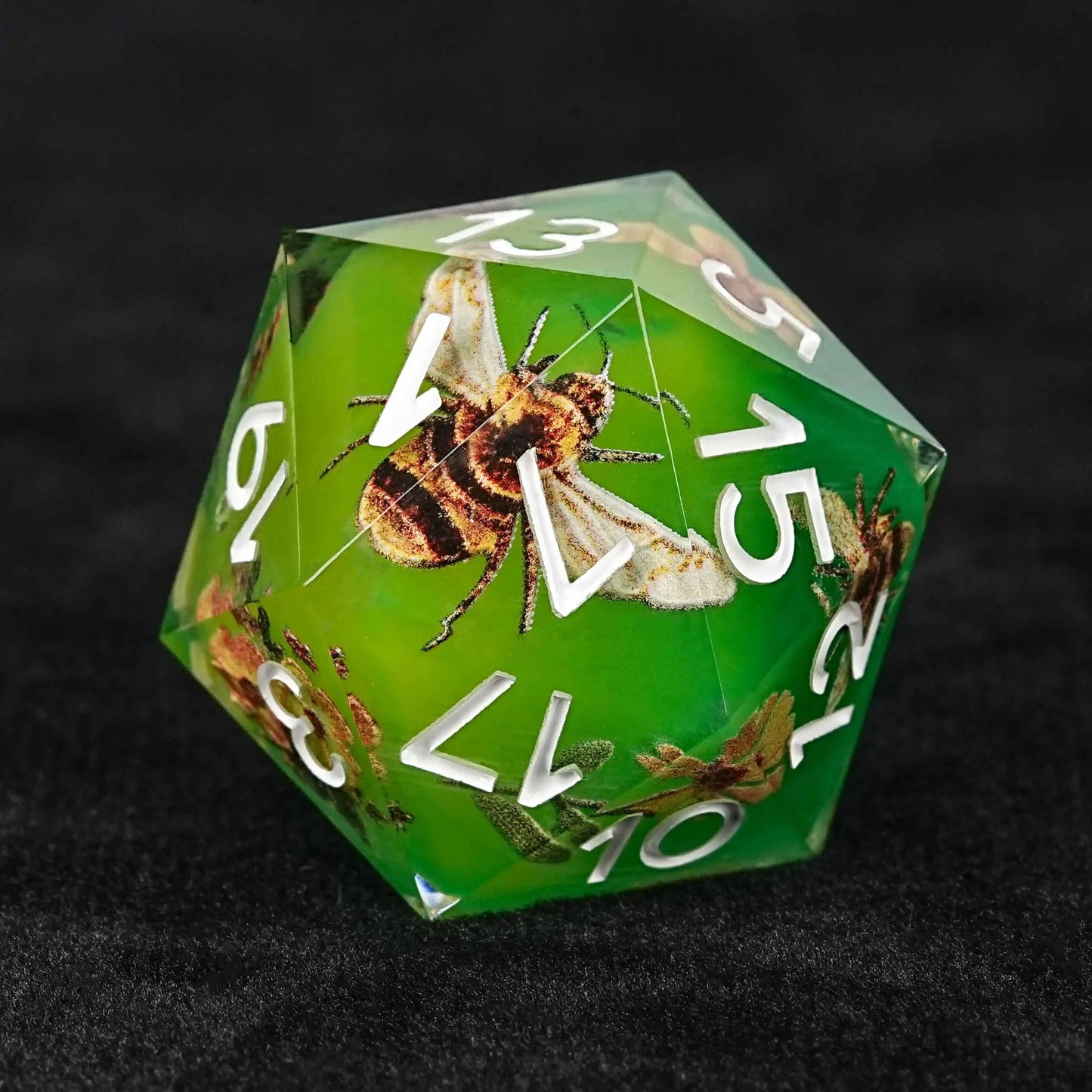 Bees Collecting Honey from Flowers Yellow-Green Resin RPG Dice Set + White Font