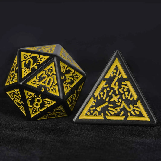 Black and Yellow Rune Acrylic DND Dice Set — 7-Piece TTRPG Dice