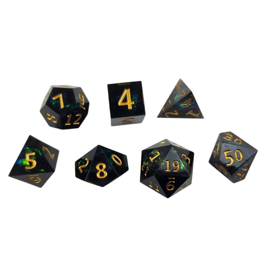 Black with Blue and Green Foil Sharp Resin Dice Set