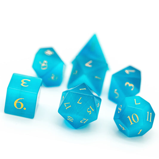 Blue Cat Eye Gemstone Dice Set