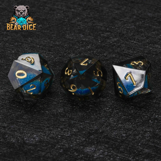 Blue Liquid Core Resin D10 Dice Set + Gold Numerals (D10 Dice)