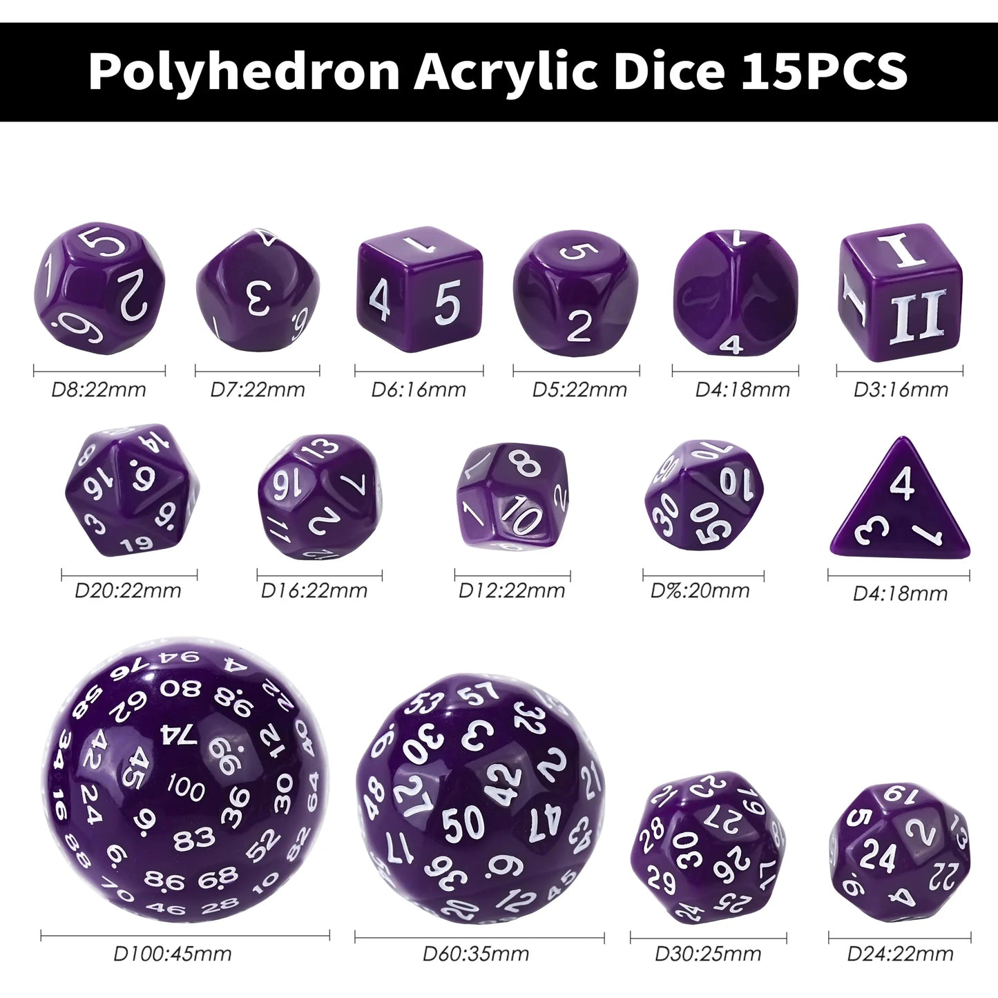 Roll D100 Dice Set โ 15 Pieces Purple Acrylic Polyhedral Dice