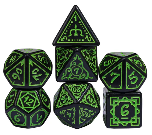 Green Druid Pattern 7-Dice Set – Black & Green DND RPG Dice