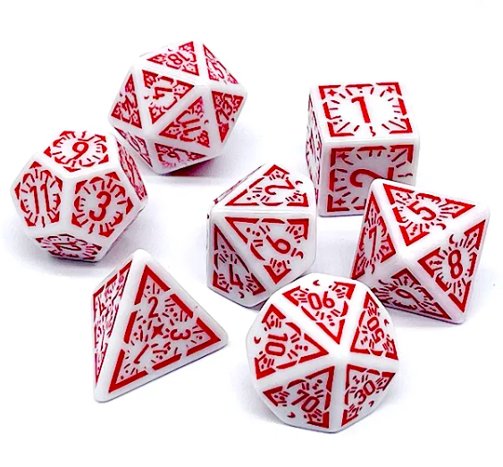 Arcane Ember White and Red Polyhedral Dice Set – 7-Piece RPG Dice for D&D