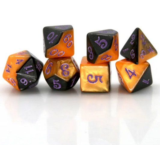 Half-Half Dice Orange & Black 7-Dice Set DND RPG Dice Purple Ink Halloween
