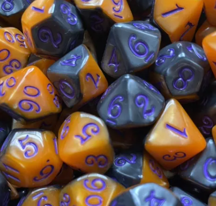 Half-Half Dice Orange & Black 7-Dice Set DND RPG Dice Purple Ink Halloween