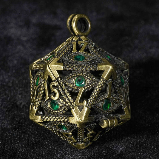 Emerald Dragon Eye Metal Hollow D20 Dice Pendant + 7 Mini Metal Dice Set