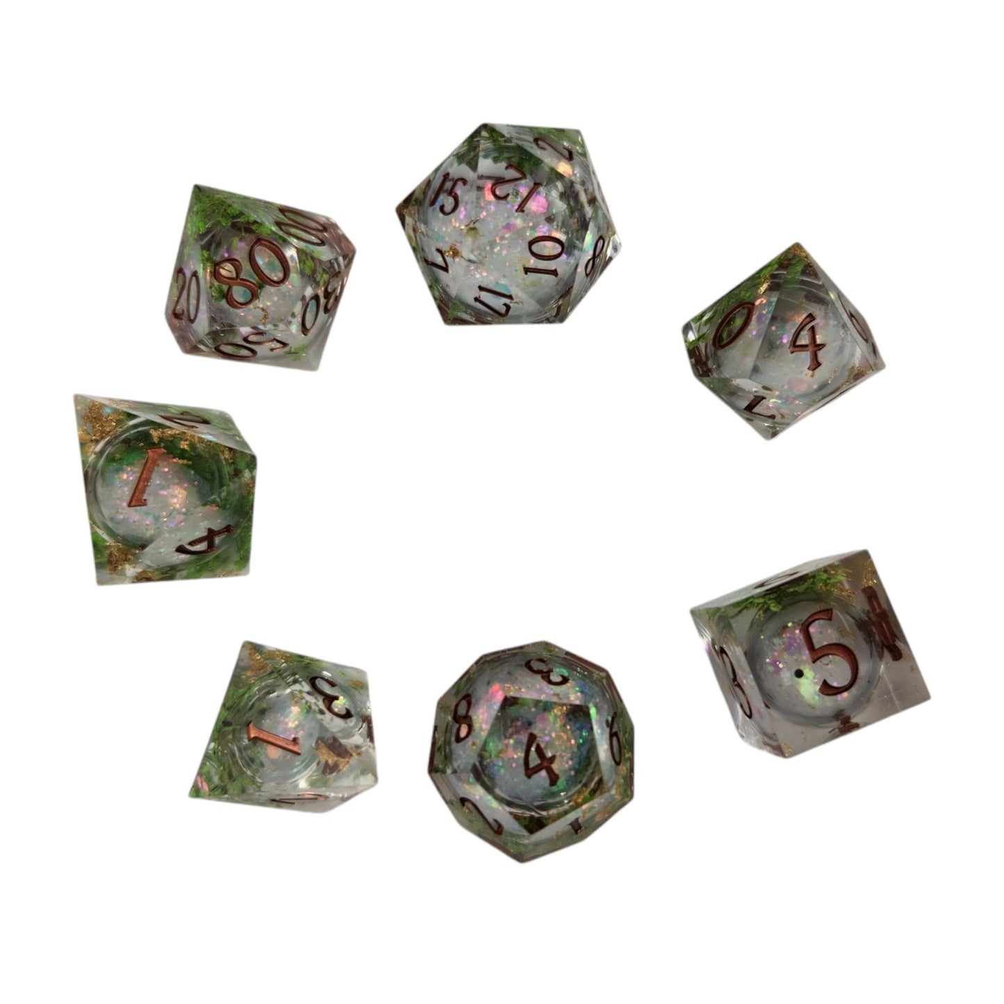 Fairy Garden Sharp-Edge Liquid Core 7-Piece Resin DND Dice Set