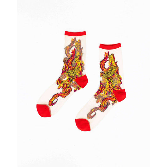 Flaming Cheetah Sheer Crew Socks – Mirrored Cheetah Design with Scarlet-Red Accents