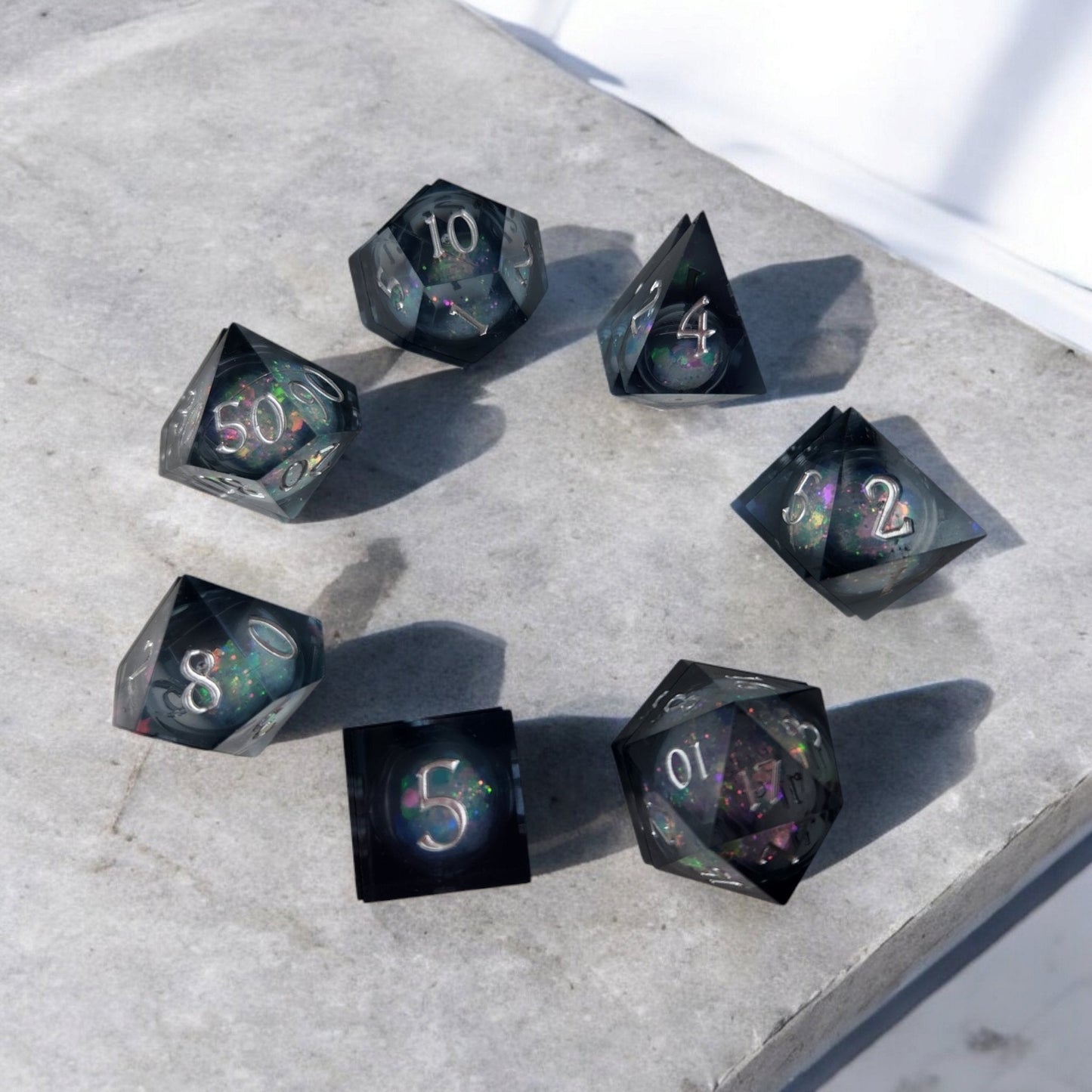 Galaxy Sharp Edge Resin Dice — Sand & Glitter Liquid Core