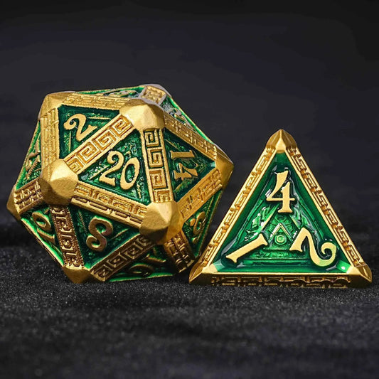 Gold and Green Greek Retractable Metal DND Dice Set — 7-Piece Zinc Alloy TTRPG Dice