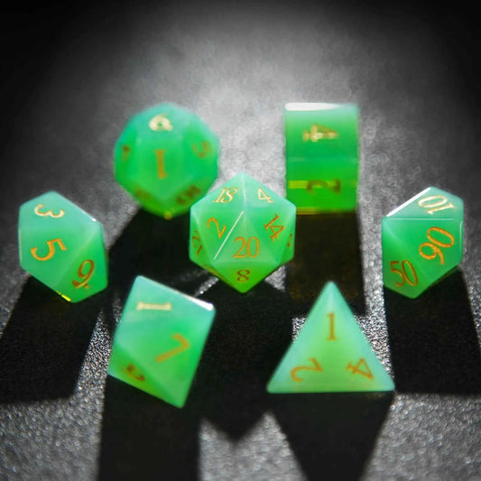 Green Opal Gemstone DND Dice Set — Natural 7-Piece TTRPG Dice with Gold Numbers
