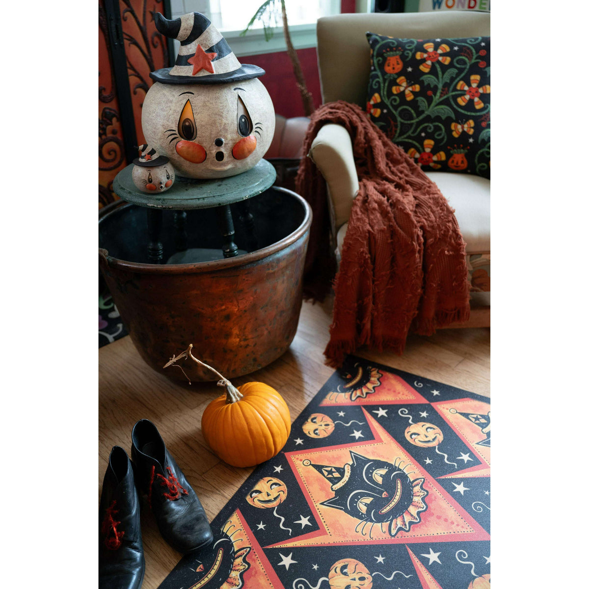 Grinning Black Cat Jack Harlequin Vinyl Floor Decor by Johanna Parker 52" x 76"