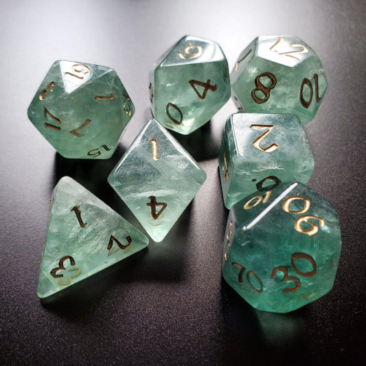 Green Fluorite Gemstone Dice (Chlorophane) Hand Carved Polyhedral Dice (With Box) Set