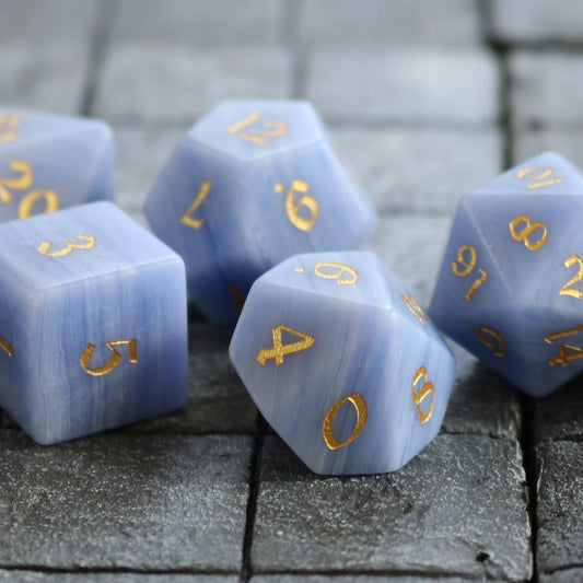 Hand Carved Gemstone Blue Lace Agate Eye Stone (And Box) Polyhedral Dice Set