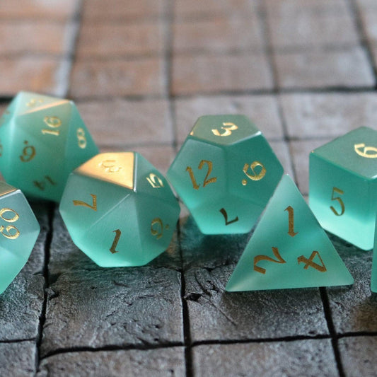 Hand Carved Gemstone Aquamarine Cats Eye Stone (And Box) Polyhedral Dice Set