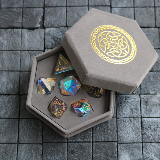 Dragon Shield Gemstone Dichroic Glass Polyhedral Dice (With Box)