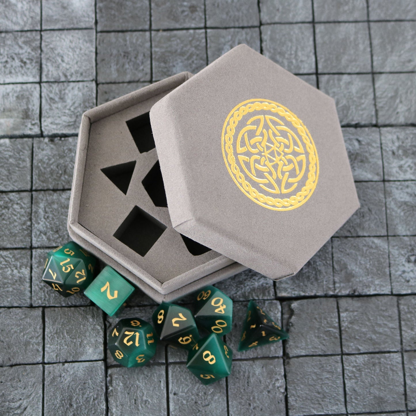 Hand Carved Gemstone Dark Green Cats Eye Stone (And Box) Polyhedral Dice Set