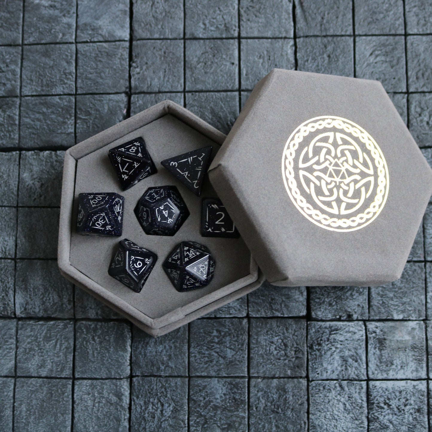Set Of Dragon Shield Gemstone Blue Sandstone Silver Font (And Box) Polyhedral Dice Dice Set