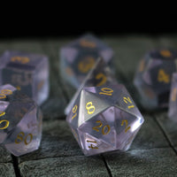 Hand Carved  Purple Zircon Glass (And Box) Polyhedral Dice Set