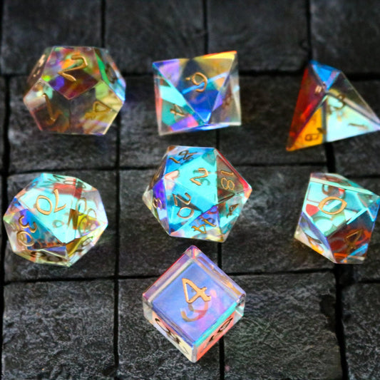 Hand Carved Gemstone Dichroic Glass Polyhedral Dice Set with Box