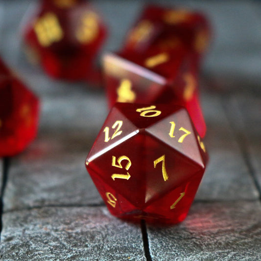 Hand Carved Blood Red Zircon Glass (And Box) Polyhedral Dice Set