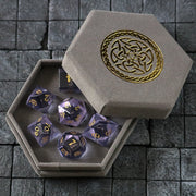 Hand Carved  Purple Zircon Glass (And Box) Polyhedral Dice Set