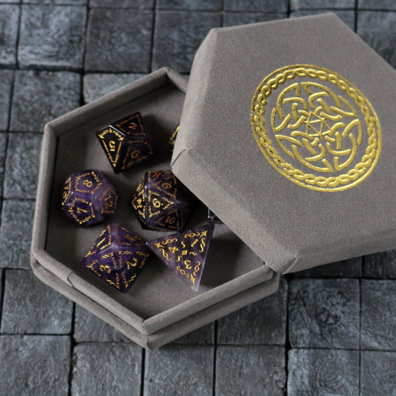 Vine Spike Gemstone Purple Amethyst Dice (With Box) Set