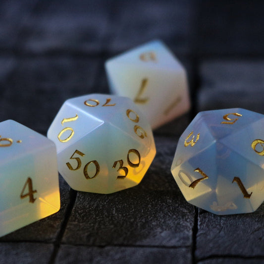 Gemstone Opalite (Gold Font) Hand Carved Polyhedral Dice (And Box) Dice Set