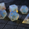 Gemstone Opalite (Gold Font) Hand Carved Polyhedral Dice (And Box) Dice Set