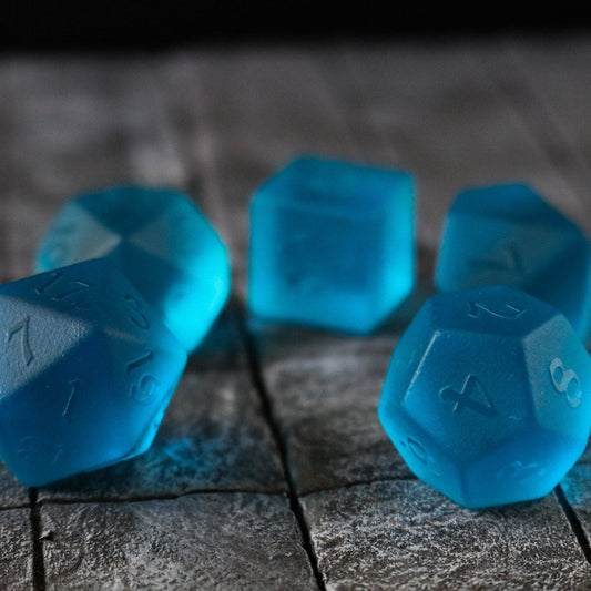 Hand Carved Blue Zircon Glass (And Box) Polyhedral Dice Set