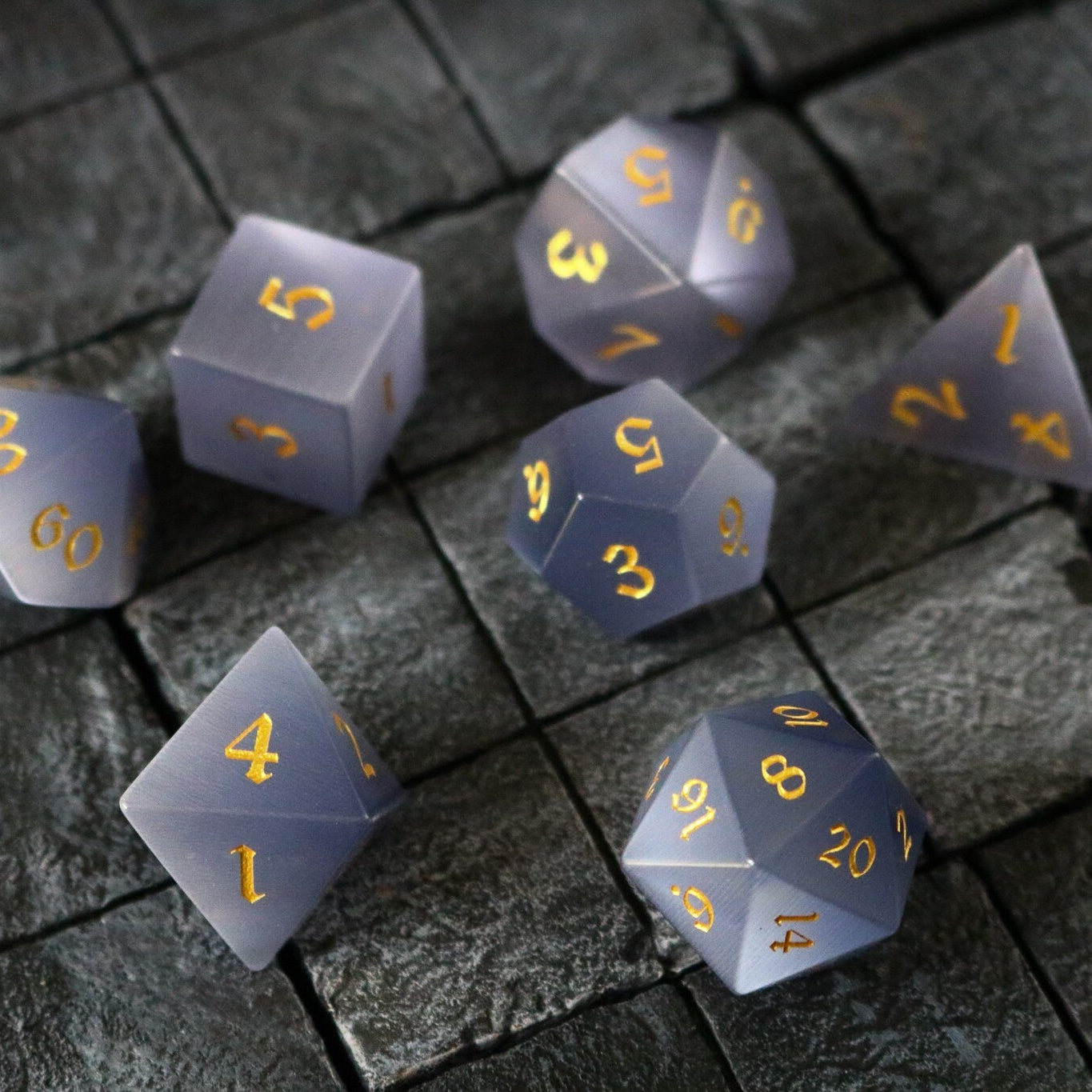 Hand Carved Gemstone Gray Cats Eye Stone (And Box) Polyhedral Dice Set