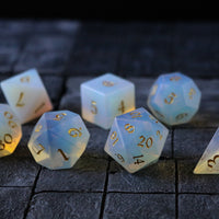 Gemstone Opalite (Gold Font) Hand Carved Polyhedral Dice (And Box) Dice Set