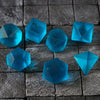 Hand Carved  Blue Zircon Glass (And Box) Polyhedral Dice Set
