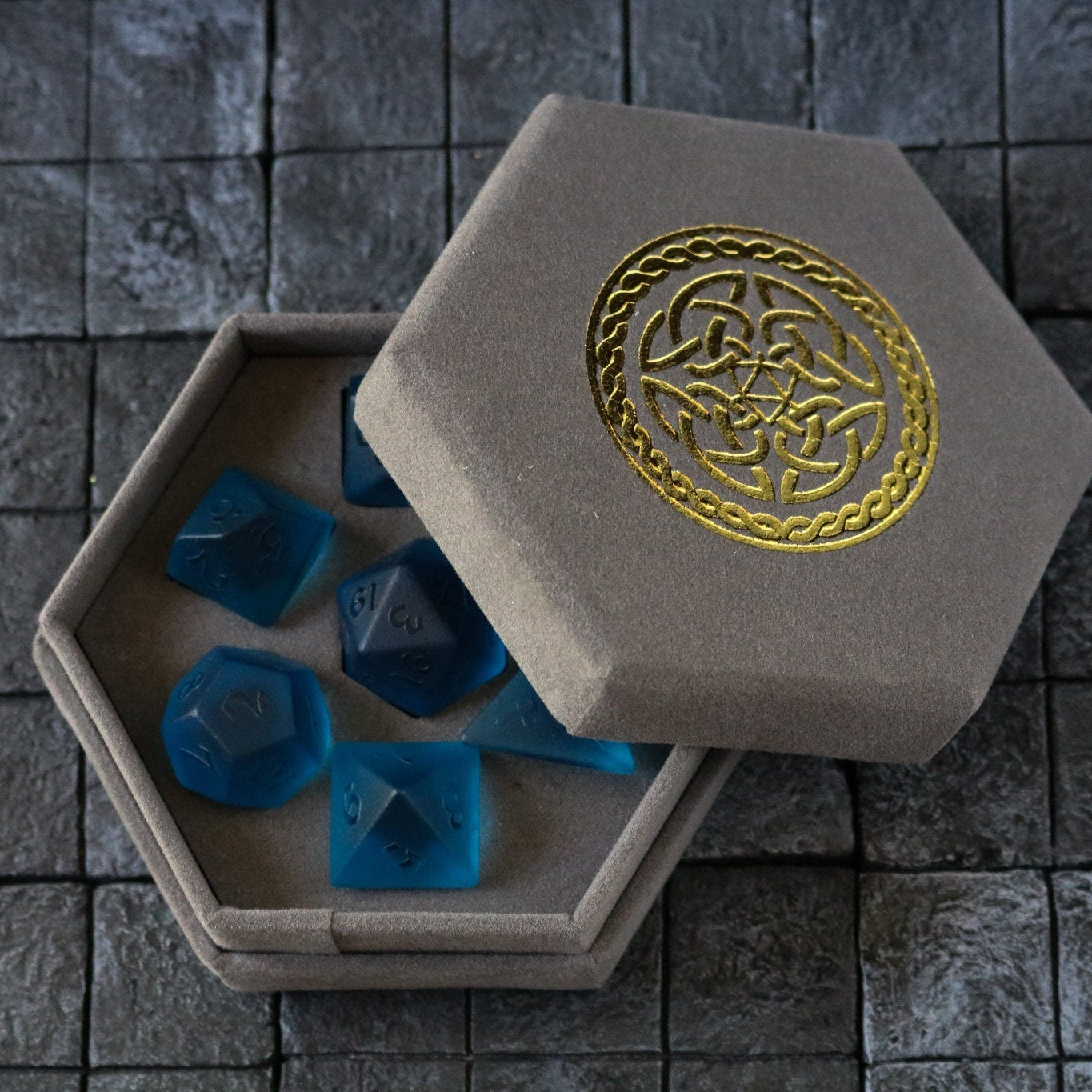 Hand Carved Blue Zircon Glass (And Box) Polyhedral Dice Set