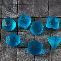Hand Carved  Blue Zircon Glass (And Box) Polyhedral Dice Set