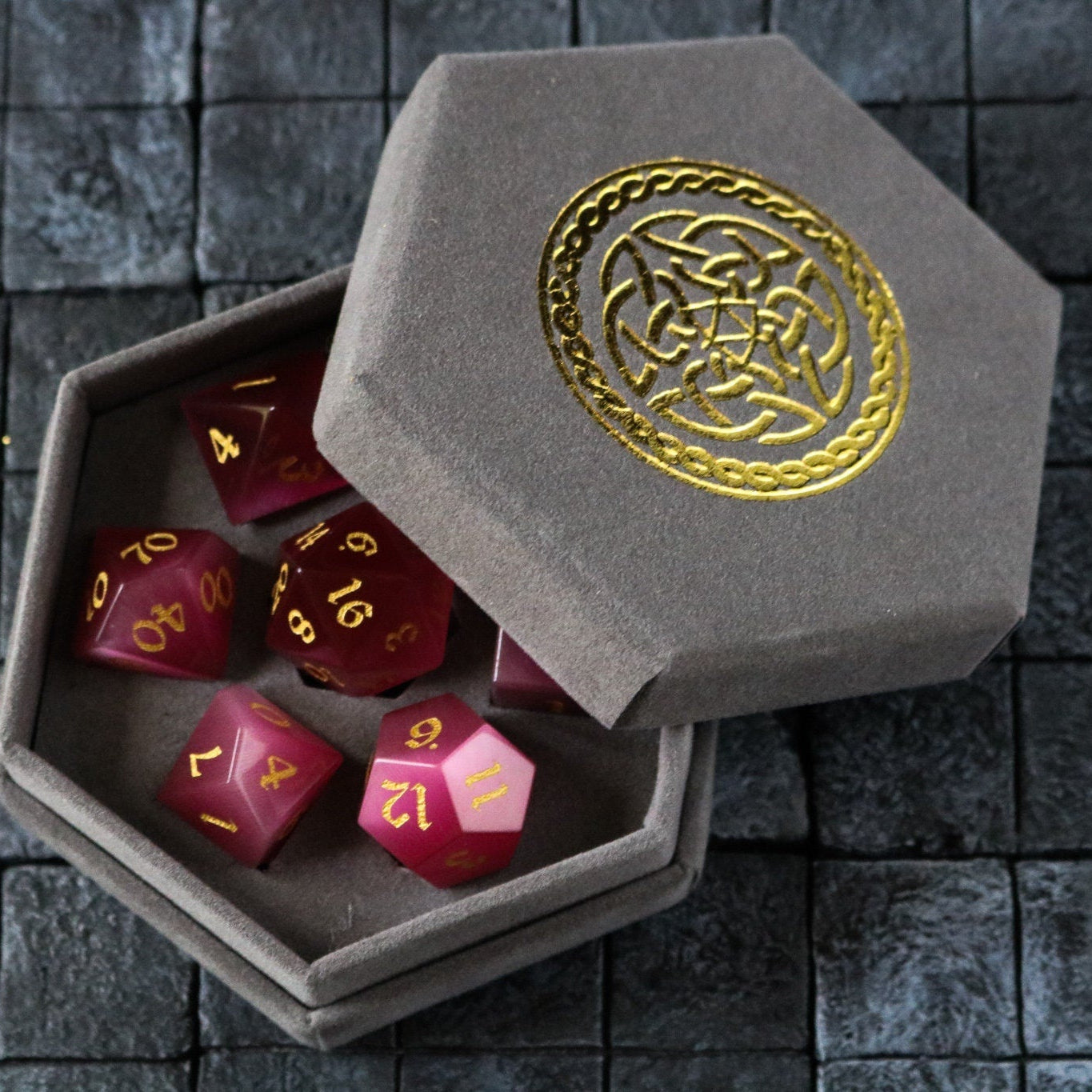 Hand Carved Gemstone Rose Red Cats Eye Stone (And Box) Polyhedral Dice Set