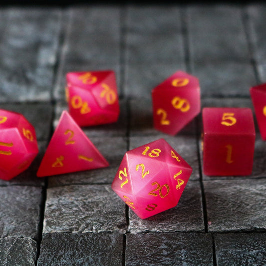 Hand Carved Gemstone Rose Red Cats Eye Stone (And Box) Polyhedral Dice Set