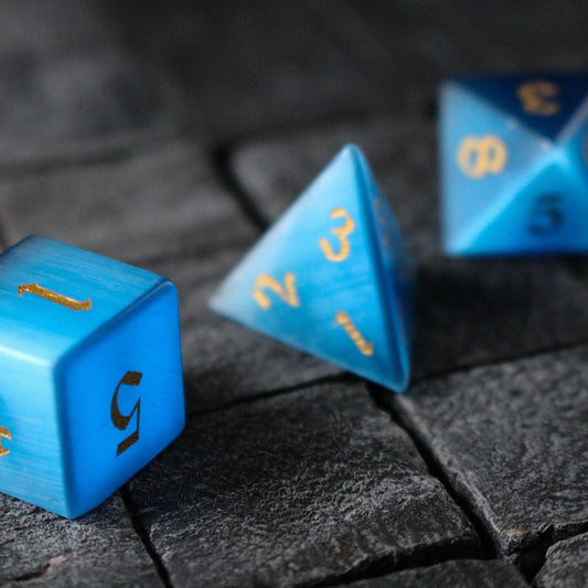 Hand Carved Gemstone Dark Blue Cats Eye Stone (And Box) Polyhedral Dice Set
