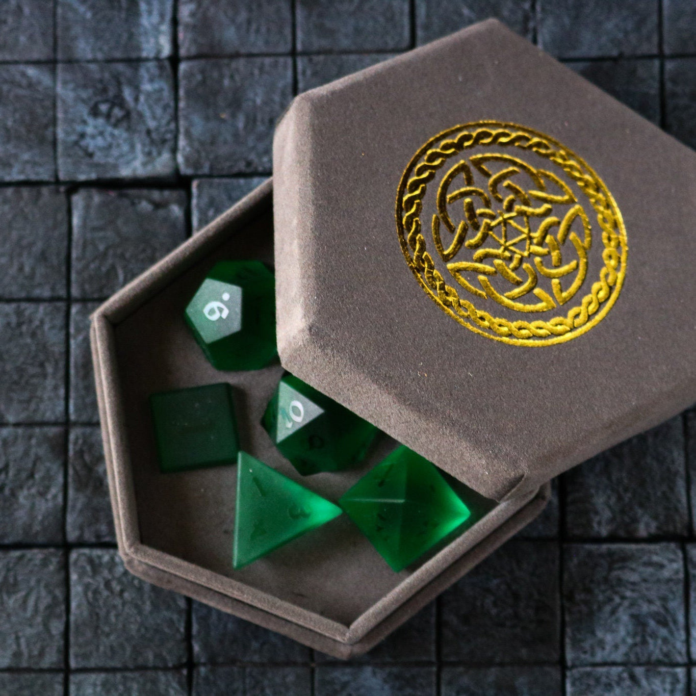 Hand Carved Raised Green Zircon Glass (And Box) Polyhedral Dice Set