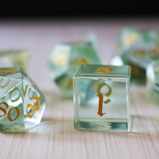 Hand Carved Green Water Glass (And Box) Polyhedral Dice Set