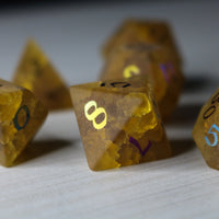 Orange Halloween Pumpkin Inked Lightning Glass Cracked Glass (And Box) Polyhedral Dice DND Set