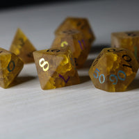 Orange Halloween Pumpkin Inked Lightning Glass Cracked Glass (And Box) Polyhedral Dice DND Set
