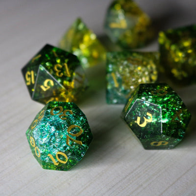 Poison Forge Fire Cracked Glass Green (And Box) Polyhedral Dice DND Set