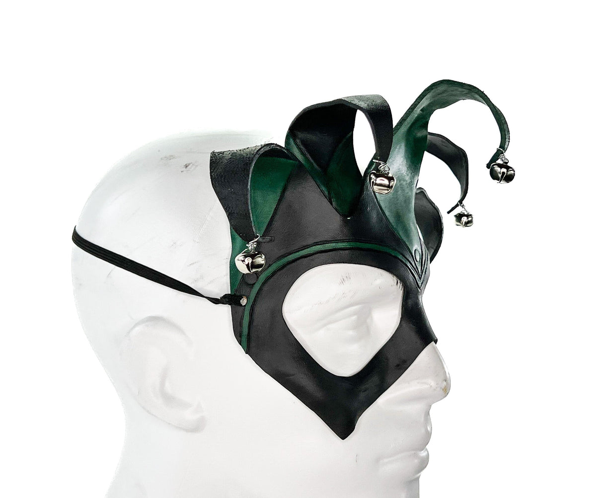 Handmade Genuine Leather Five Point Jester Mask in Green and Black