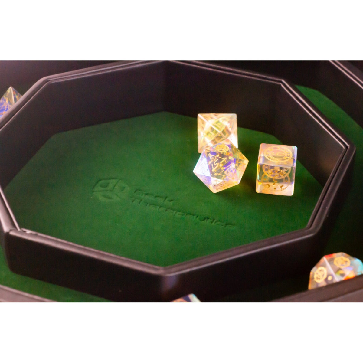 Leather Dice Vault With Lid, Storage for 5 Sets of Dice, and Staging Area (Red, Green, Blue, Purple)