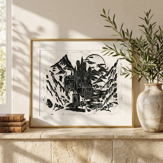 Moonlit Mountain Keep Fine Art Print — Fantasy Wall Decor