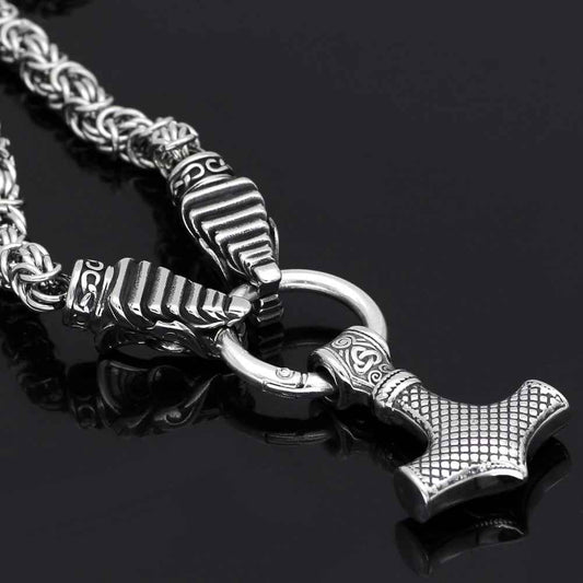 Vikings Mjolnir in Dragon Head Stainless Steel Necklace