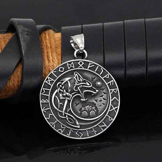 Vikings Wolf and Runes Stainless Steel Necklace