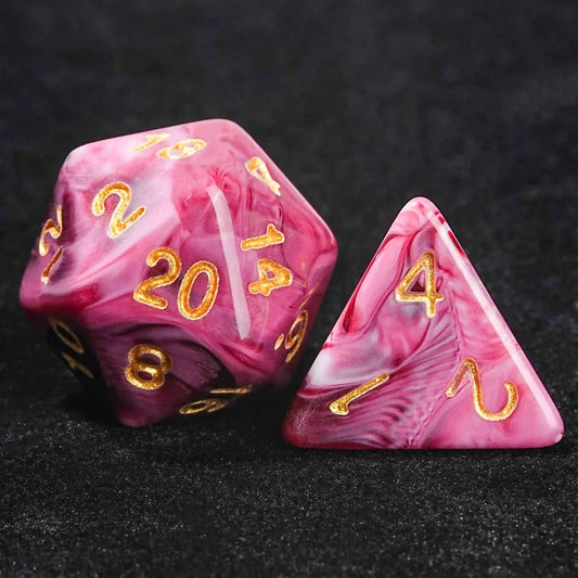 Pink Marble Acrylic DND Dice Set with Gold Numbers